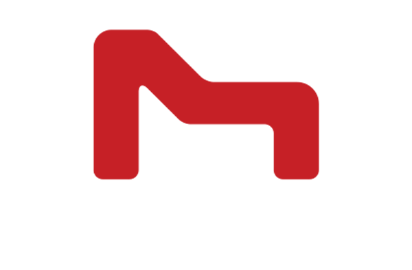 Red shield-like badge with a scalloped bottom edge on a white background, decorative graphic element only